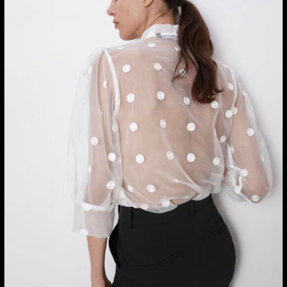 Zara White Embroidered Polka Dot Oversized Blouse With Bow Size M - Picture 2 of 11
